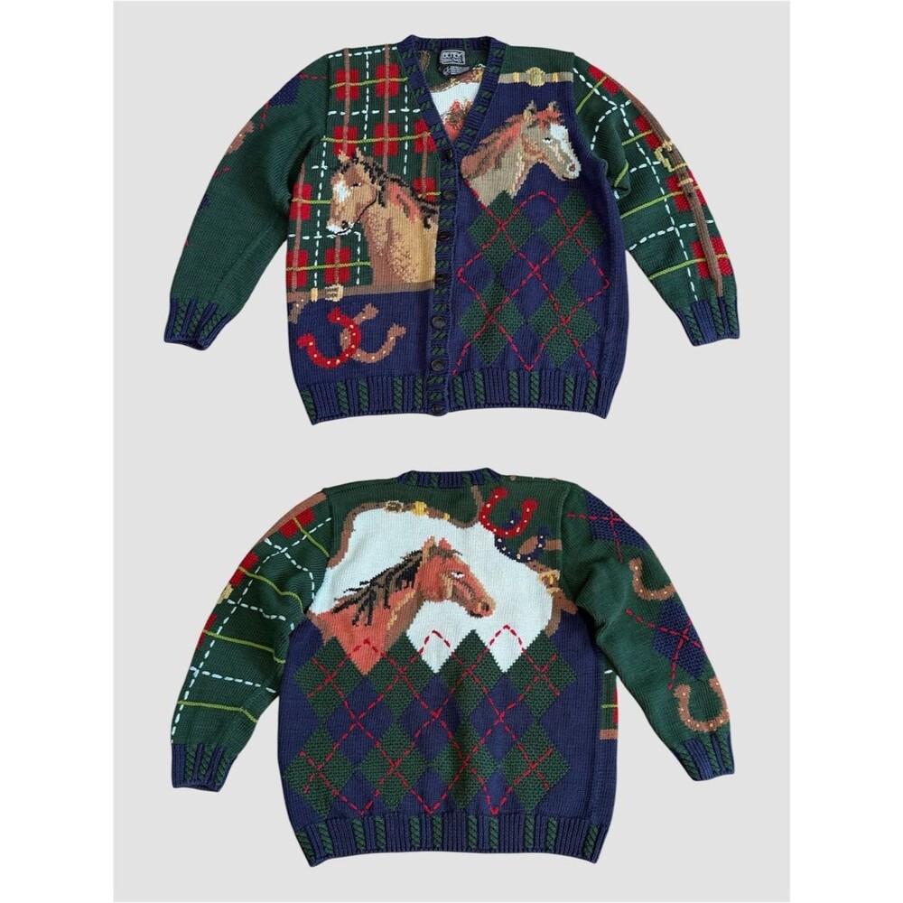 Vintage Berek Horse Equestrian Cardigan Sweater Size Large Novelty Knit Western